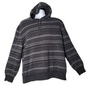 Izod Men's XXL Hoodie Sweater Black Gray Fair Isle Cotton Knit Pullover‎ Winter